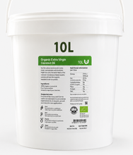 A 10-liter white plastic bucket with a handle, showing the back label of Organic Extra Virgin Coconut Oil. The label features a green banner at the top and detailed product information, ingredients, and certification logos below.