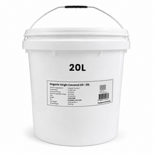 A 20-liter white plastic bucket of Organic Virgin Coconut Oil with a metal handle and a product label on the front, set against a plain white background.