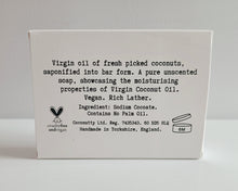 Raw coconut soap made with virgin coconut oil. Image of back of the soap.