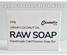 Coconutty raw soap bar packaging on a white background